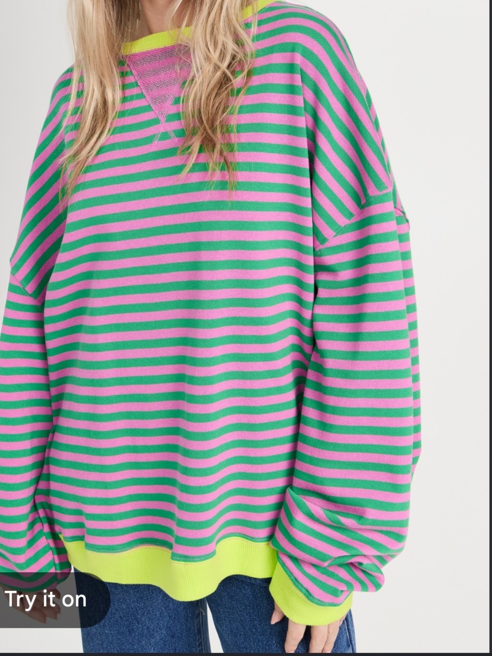 NWT Free People Neon Trim Striped Crewneck Sweater in Pink & Green